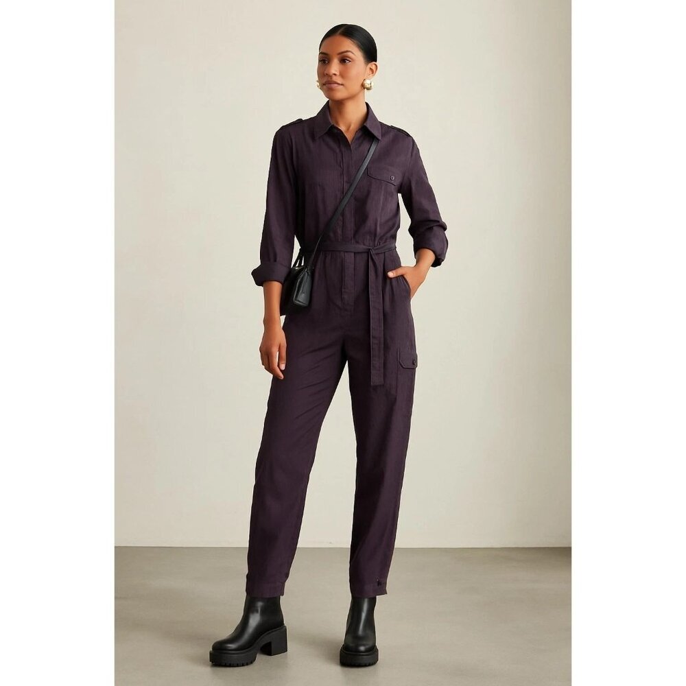 Burning Torch Womens Belted Jumpsuit XXS Purple Utility Long Sleeve USA Casual
